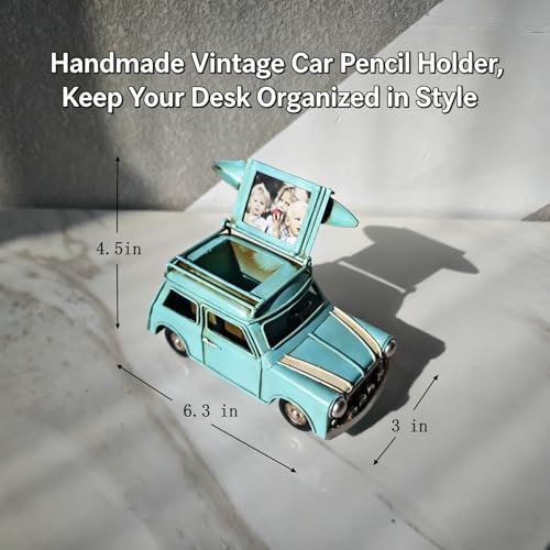 Handmade Wrought Iron Car Model Pen Holder Collectible Decorative | Metal Car Pencil Case with Photo Frame | Multi Purpose Storage Box | Desk Office Supplies | Car Shape Pen Kolder| Gift