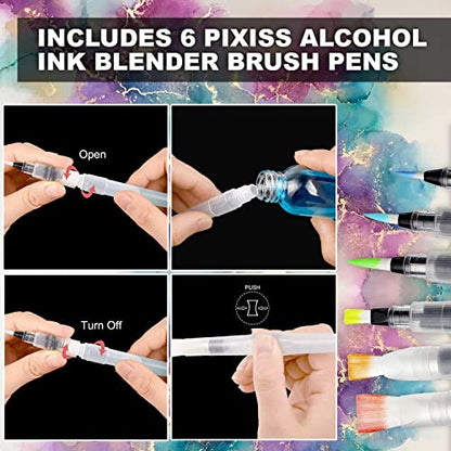 Alcohol Ink Blending Solution (4oz) and Water Brush Pen (6pk) - Watercolor Blending Brush Pens for Alcohol Ink Painting with Various Tips with Alcohol Blending Solution