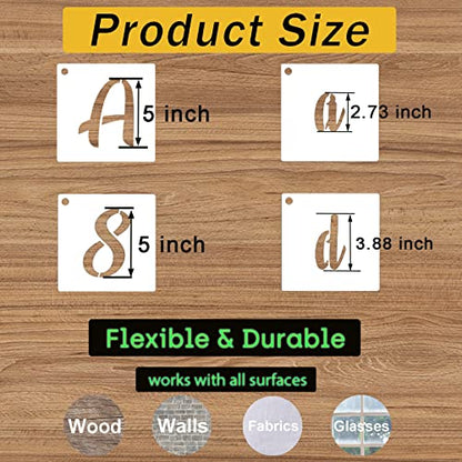 5 Inch Letter Stencils for Painting on Wood, 62 Pcs Calligraphy Alphabet and Number Stencil, Reusable Plastic Art Craft Cursive Lettering Templates Upper and Lowercase - size: 5 Inch