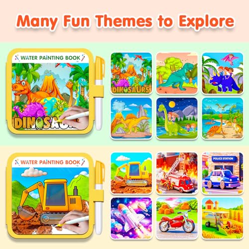 ZHOC Reusable Water Painting Books for Kids – 2 Pack Magic Water Reveal Coloring Books with Water Pens (Cars & Dinosaur) No-Mess Coloring Book Fun Travel Activity for Ages 3 4 5 6 7 8 - color: Dinosaur & Vehicle