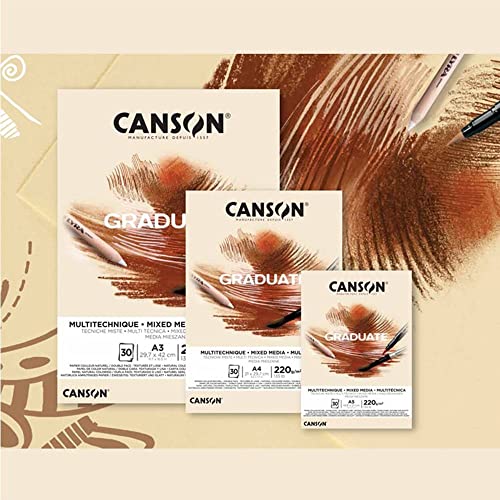 CANSON Graduate Mixed Media 200gsm A4 Paper, Double Sided: Grained and Smooth, Pad Glued Short Side, 30 Natural Sheets, Ideal for Student Artists