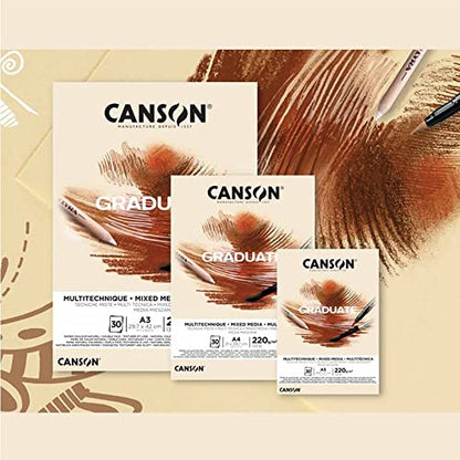 CANSON Graduate Mixed Media 200gsm A4 Paper, Double Sided: Grained and Smooth, Pad Glued Short Side, 30 Natural Sheets, Ideal for Student Artists
