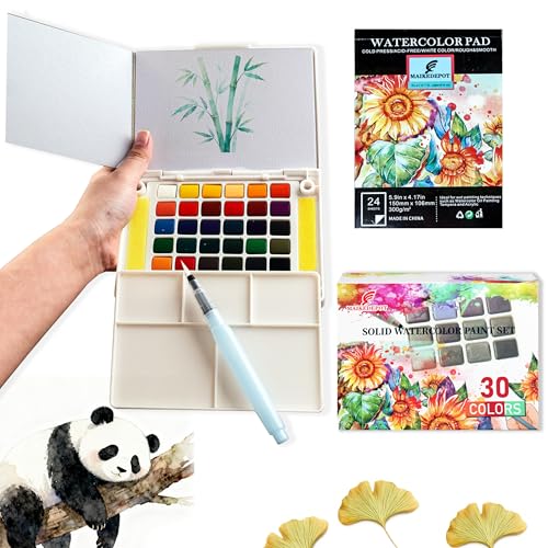 Portable Watercolor Paint Set - 30 Colors Travel Watercolor Kit with Water Brush, 24 Sheets Watercolor Paper, Online Tutorial - Compact Graspable Watercolor Painting Set for Beginners, Artists, Hobbyists, Outdoor Painting - color: 30 Colors