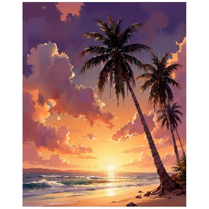 EnLvYY Paint by Numbers Kit for Adults 16x20in, DIY Acrylic Painting on Canvas, Beach Sunset with Tropical Palm Trees and Ocean Landscape, Unframed Beginner Wall Art, Gift for Friends and Family