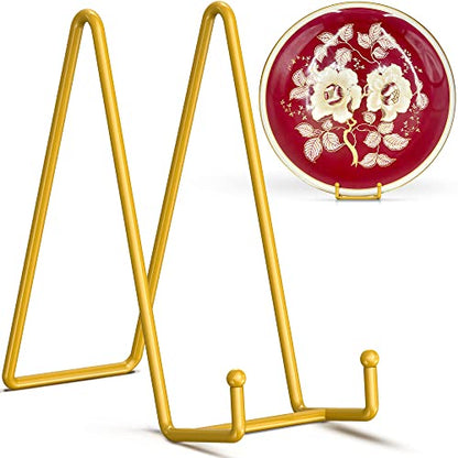 TR-LIFE 10 Inch Large Plate Stands/Holder for Display - Metal Picture Frame Holder Stand + Small Easels for Decorative Plate, Platter, Book, Plaques, Photo, Tabletop Art (Gold 2 Pack) - size: 10 Inch