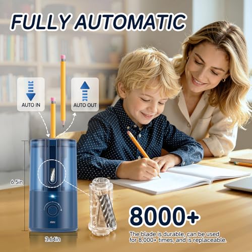Deli Electric Pencil Sharpener, Fully Automatic Pencil Sharpener for 6.9-8mm No.2 & Colored Pencils, Auto in & Out, Rechargeable Hands-Free Sharpener for Classroom, Home, Office, Blue - color: Blue