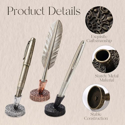 TXIN 4 Pieces Vintage Round Metal Feather Pen Holder, Retro Feather Quill Dip Pen Stand Base, Antique Pen Insertion Plug for Office Supplies Student Stationery Gift
