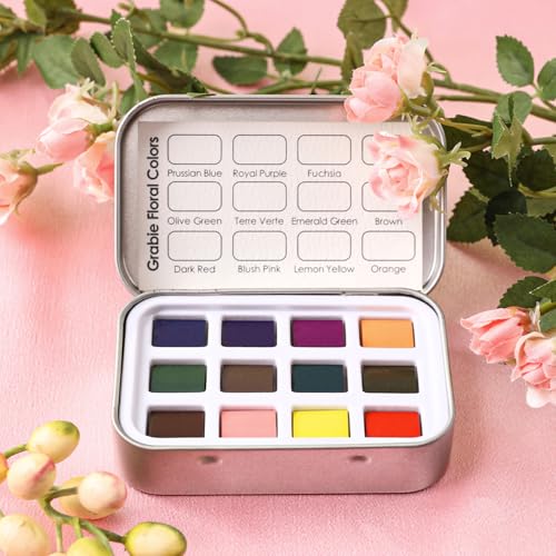 Grabie 12 Color Travel Watercolor Paint Set, Pocket Palette, Floral | 12 Floral Watercolor Colors, Pocket Compact Watercolor Palette For Sketching & Painting, Beginner-Friendly Paint Set - color: Floral