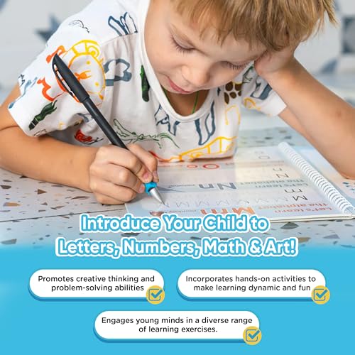 Kiddospace Handwriting Practice Kit - Handwriting Workbook - Includes 4 Reusable Workbooks for Math, Numbers, Alphabet & Drawing -Handwriting Practice Books for Kids - Disappearing Ink Pen Included