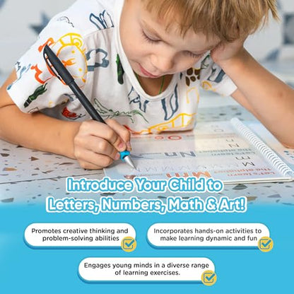 Kiddospace Handwriting Practice Kit - Handwriting Workbook - Includes 4 Reusable Workbooks for Math, Numbers, Alphabet & Drawing -Handwriting Practice Books for Kids - Disappearing Ink Pen Included