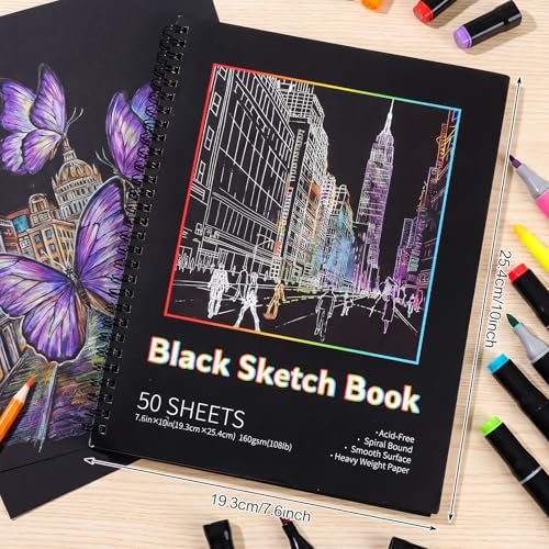 Black Paper Sketchbook 2 Pack, 7.6 × 10 in, 50 Sheets, Spiral Bound | 160gsm Acid-Free Black Paper, Mixed Media for Pencils, Chalk, Metallic Markers, Easy-Tear Pages, Lays Flat - size: 7.6×10 Inch (2 Pack )