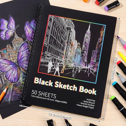 Black Paper Sketchbook 2 Pack, 7.6 × 10 in, 50 Sheets, Spiral Bound | 160gsm Acid-Free Black Paper, Mixed Media for Pencils, Chalk, Metallic Markers, Easy-Tear Pages, Lays Flat - size: 7.6×10 Inch (2 Pack )
