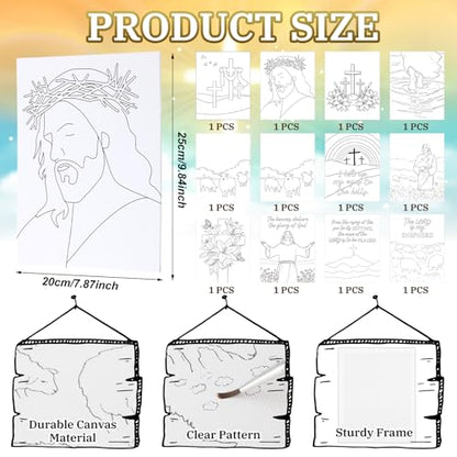 Motipuns 12 Set Jesus Pre Drawn Canvas for Paint for Adults | 8 x 10 Inch, Christian Sip and Paint Party, Cross Pre Printed Canvas with Easel Paint Brush Aprons, Religious Party Supplies - style: Jesus