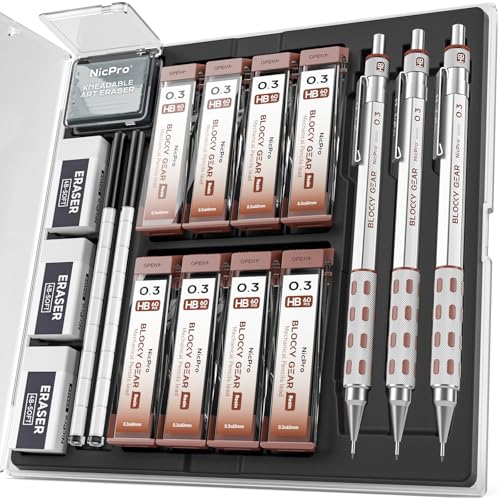 Nicpro 3 Pack Blocky Gear 0.3 mm Metal Mechanical Pencils Set with Case | Lead Drafting Pencil with 8 Tube (480PCS) Lead Refills, 4 Erasers, 18 Eraser Refills for Art Writing, Sketching Drawing - style: 0.3mm