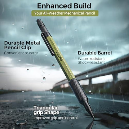 Nicpro 1.3mm Mechanical Pencil Set with Waterproof Field Notebooks | 3PCS Metal Heavy Duty Carpenter Pencil with Leather Bag,Lead Refill & Eraser for Outdoor Journal Travel Drafting Drawing - color: Multicolor with Notebook
