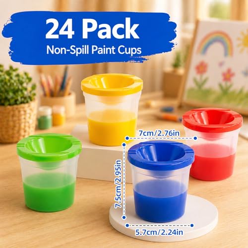 24PCS No Spill Paint Cups with Lids for Kids – Durable Plastic Paint Water Cup Set in 4 Colors, Reusable & Spill Proof for Classroom, Crafts, and Painting Projects