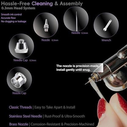 RDSWA Airbrush Kit, Dual-Action Spray Gun with 0.3mm Needle Sets and Gravity Feed 7cc Fluid Cup, Air Brush Gun Ideal for Nail Paint, Makeup, Barber, Cake Decorating, Model,Tattoo Silver