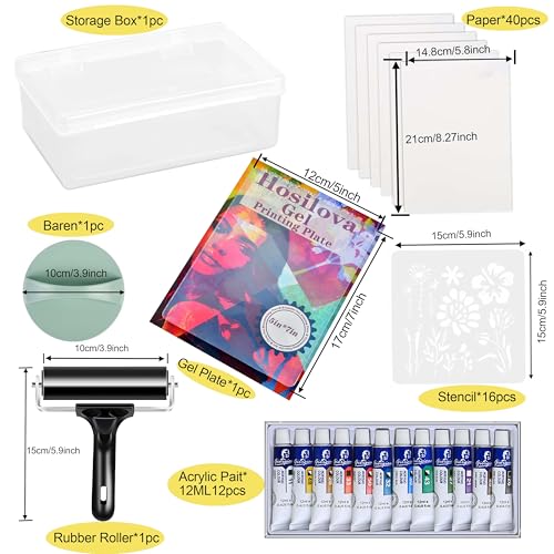 Reusable Gel Printing Plate Kit, Complete Printmaking Set with 5" X 7" Gel Plate, Acrylic Paint, Paper, Baren, Rubber Roller, Stencils and Storage Box, Easy Clean Plate, Creative Art DIY Printmaking