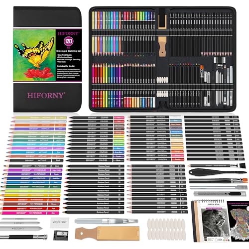 HIFORNY 120 PCS Drawing Set Sketching Kit, Art Supplies with 3-Color Sketchbook,Coloring Book,Rainbow,Colored,Watercolor,Metallic,Graphite,Black & Colored Charcoal Pencils,Blending Tools and More