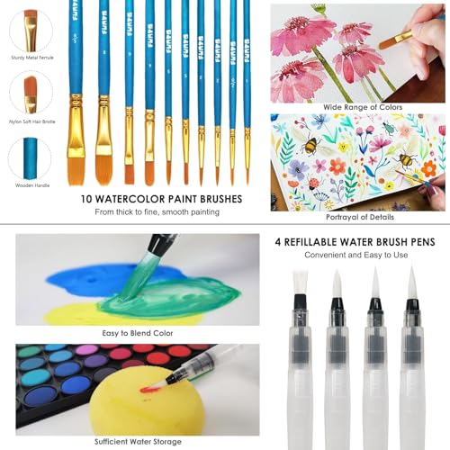 Funto Watercolor Set, 48 Color Paint Set, 10 Brushes, 30 Page Pad(9"x12"), 4 Refillable Pens & More, Painting Kit for Kids, Adults, Beginners - style: 48 Kids Set