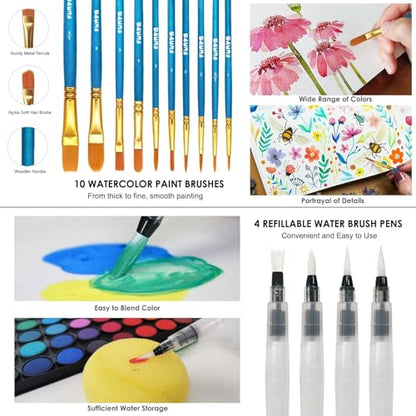 Funto Watercolor Set, 48 Color Paint Set, 10 Brushes, 30 Page Pad(9"x12"), 4 Refillable Pens & More, Painting Kit for Kids, Adults, Beginners - style: 48 Kids Set