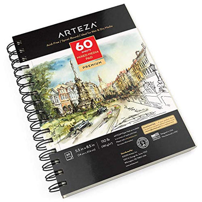 ARTEZA Mixed Media Sketchbook, 5.5 x 8.5 Inches, Pack of 1, 60 Sheets, Micro-Perforated Spiral-Bound Paper Pad for Wet and Dry Media - size: 5.5"x8.5" (Pack of 1)