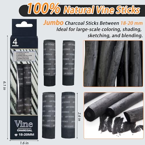 24 Pcs Compressed Charcoal Sticks and 4 Pcs Vine Charcoal Sticks, 18-20 MM Jumbo Vine Charcoal Pencils