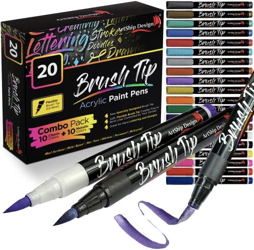 20 Brush Tip Acrylic Paint Pens, Classic and Metallic Color Double Pack, Flexible Tip Brush Paint Markers for Lettering and Creative Painting, Rocks, Mugs, Ceramic, Glass, Most Surfaces - Water Based - color: Classic & Metallic Brush-Tip