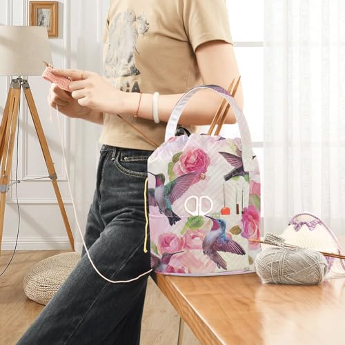 Yarn Bag Small Crochet Bag Drawstring Yarn Storage Organizer Knitting Project Bags Potable Yarn Holder with Holes Handle Crocheting Needles Knitting Accessories Pink Anna Hummingbird and Rose - color: Pink Anna Hummingbird and Rose