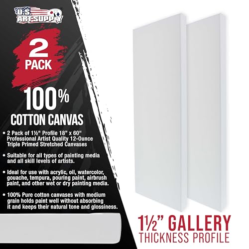 U.S. Art Supply 18"x60" Stretched Canvas for Painting, Gallery Depth 3-Pack - size: 18" x 60"