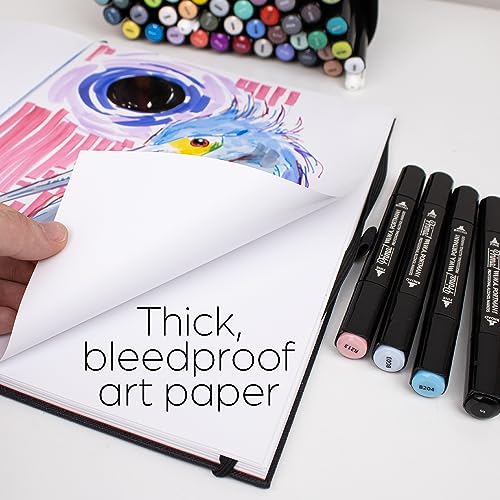 W.A. Portman A4 Bleedproof Marker Paper Sketchbook & 30-Piece Dual-Tipped Chisel & Fine Point Alcohol Markers - 60 Sheets of 157 GSM Paper - Alcohol Marker Set