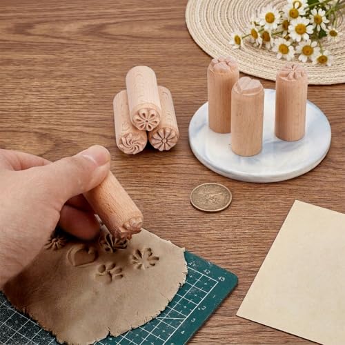 OLYCRAFT 7PCS 2x0.8 Inch Wood Pottery Tools Stamps Polymer Clay Stamp Column Wooden Stamps Round Pottery Stamp with Mixed Patterns for Clay and Ceramic
