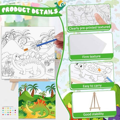 Tenceur 12 Sets Pre Drawn Canvas to Paint Adult Stretched Coloring Painting Canvas Panels with Design Easel and Brushes for Party Supplies Beginner Favor(Dinosaur) - style: Dinosaur