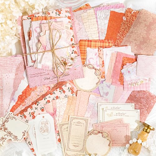 100 Sheets Vintage Scrapbook Papers Journaling Scrapbooking Supplies Kit junk journal supplies Decorative Craft Paper for Planner, Collage Paper Embellishment - color: Pink