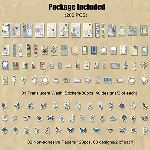 Esweny 200PCS Vintage Scrapbooking Supplies Kit for Journaling, Scrapbook Sticker Paper Pack for Junk Journal Planners Aesthetic Cottagecore Room Decor Wall Art Collage Album - style: Blue Series