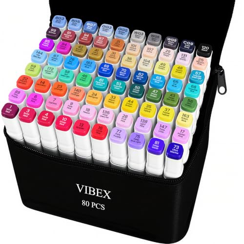 VIBEX 80 Colors Alcohol Markers with Base Dual Tip Drawing Markers for Adult and Kids Comics Coloring Sketching Illustration - Refillable (80 White)