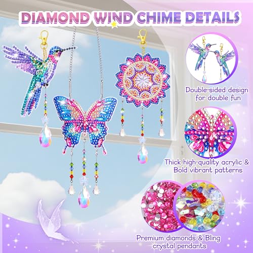 Diamond Art Kits for Kids Ages 8-12, 3 PCS DIY Gem Art Suncatchers for Kids - color: Blue and Pink
