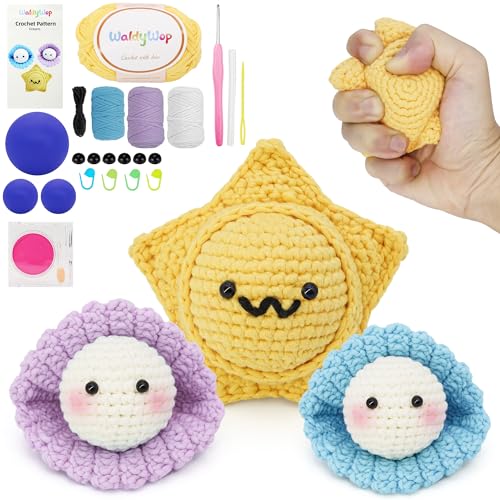 WaldyWop Crochet Kit for Beginners: 3Pcs Ocean Friends Wobbles Crochet Animal Kit for Starter Adults - Dly StressRelief Ball w/ 40% Extra Yarn, Easy Video & Instructions - Christmas Gift for Women - color: Star