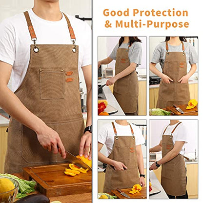 Tosewever Canvas Cross Back Chef Cotton Aprons for Men Women with Large Pockets - color: Cappuccino Brown