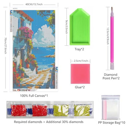 ARTGOTO Mediterranean Diamond Painting Kit for Adults 15.7 x 27.5 Inch | Large 5D Full Square Drill Diamond Art Kit, Ocean View DIY Gem Art Canvas with 2 Tool Sets, 30% Extra Diamonds - color: AGT012