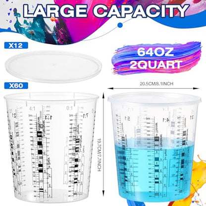 60 Pcs Paint Mixing Cups 64 oz Graduated Mixing Bucket with 12 Lids | Plastic Measuring Cups with Ratios, for Epoxy Resin, Liquids, Automotive Painting, Art, Crafts, Disposable or Reusable - size: 64 oz