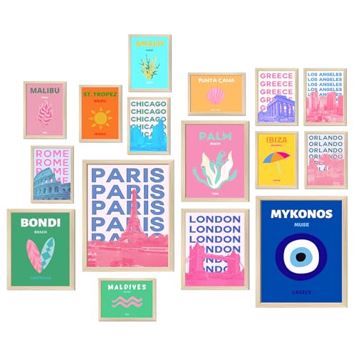 Aroutde Preppy Room Decor Preppy Travel Prints Coquette room decor Preppy Beachy Stuff Travel Picture Wall Art Coquette Decor for Teen Girls College Dorm Bedroom Set of 16 (Unframed) - color: Preppy Pink