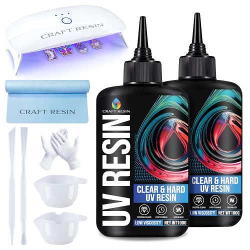 CRAFT RESIN UV Resin Kit with Light - 36W 22 LED Big Lamp and 200g Hard Type Low Viscosity UV Epoxy Resin, Crystal Clear & Non-Yellowing - Starter Kit for Jewelry Making, DIY Crafts - size: 200g kit with Light