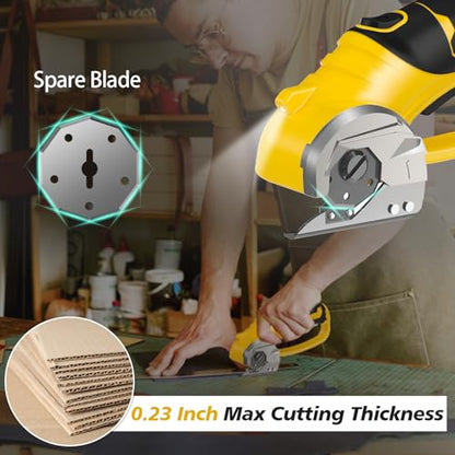 Cordless Electric Scissors, 4V Rechargeable Box Cutter & Cardboard Cutter with LED Light, Safety Lock - Rotary Cutter for Fabric, Leather, Carpet, Plastic, Crafting, Sewing with Storage Box(Yellow)