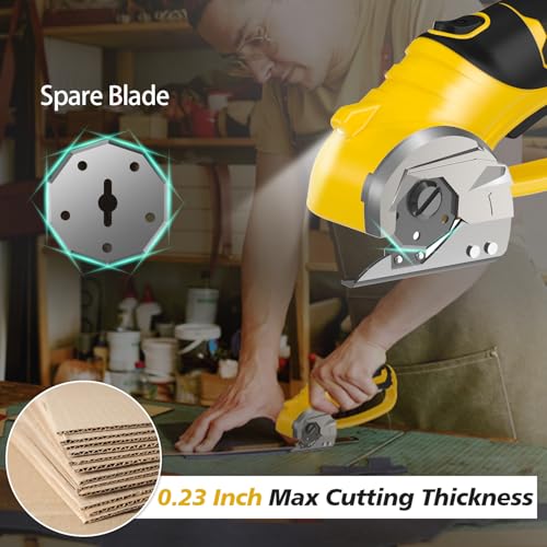 Cordless Electric Scissors, 4V Rechargeable Box Cutter & Cardboard Cutter with LED Light, Safety Lock - Rotary Cutter for Fabric, Leather, Carpet, Plastic, Crafting, Sewing with Storage Box(Yellow)