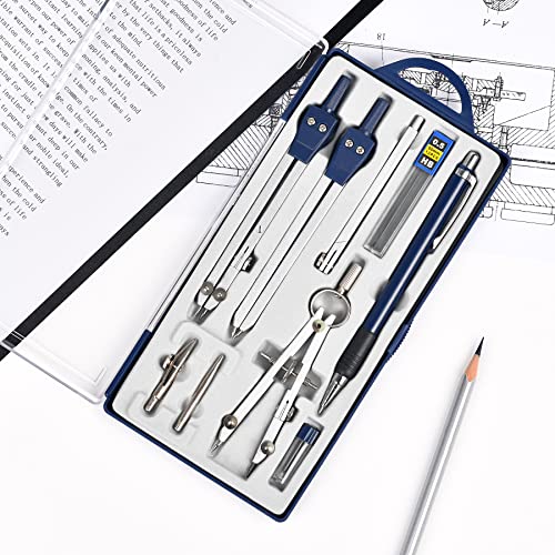 Unjoo 9Pcs Precision Geometry Set Metal Compass,Geometry Tool Set (Blue) | Shatterproof Storage Box, Circle Drafting Tool and Architecture, Drafting Kits for Engineers Students - color: Blue
