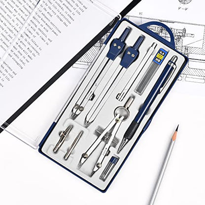 Unjoo 9Pcs Precision Geometry Set Metal Compass,Geometry Tool Set (Blue) | Shatterproof Storage Box, Circle Drafting Tool and Architecture, Drafting Kits for Engineers Students - color: Blue