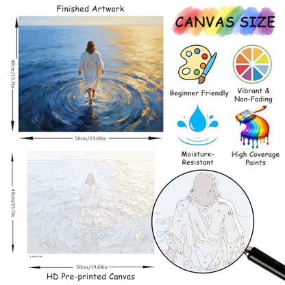 TFIAVSIN Christian Paint by Numbers Kit for Adults, Jesus Walking on Water with Ripples, Miracle on Calm Ocean Scene, Beginner-Friendly Painting by Numbers Canvas Art, 16x20 Inch - color: Jesus