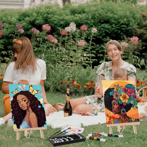 Cholemy 36 Pcs Paint and Sip Kit Gift for Adults 8''x10'',Flowers Woman | Pre Drawn Canvas, Painting DIY Afro Acrylic Painting Kit, Wood Easel Brushes, Date Night Bulk, Summer Halloween Party - style: Flowers Woman