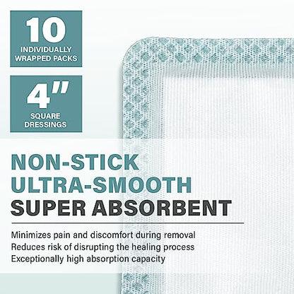 EVERLIT Super Absorbent Dressing for Wound Care | Nonstick Soft Surgical Gauze Pad for Heavily Exuding Wounds | Large Sterile Non-Adhesive Bandage for Fast Healing Wound Care | Pack of 10 (4" x 4") - size: 4" x 4"
